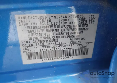 2022 Nissan Sentra Sr Xtronic Cvt from USA, damaged, VIN 3N1AB8DV8NY268684